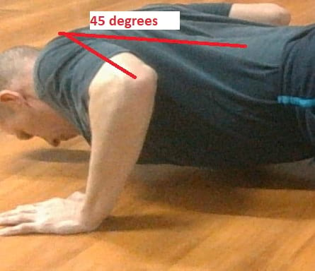 45 degree angel in arms for push-ups https://get-strong.fit/The-Push-Back-Push-Up-Exercise-Guide/Exercises